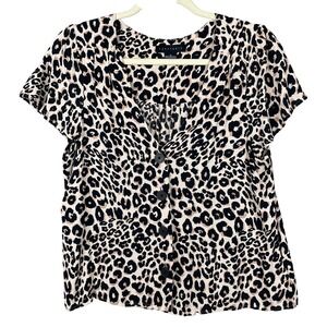 Sanctuary Top Womens Medium Beige Animal Print Button Up Short Sleeve Blouse